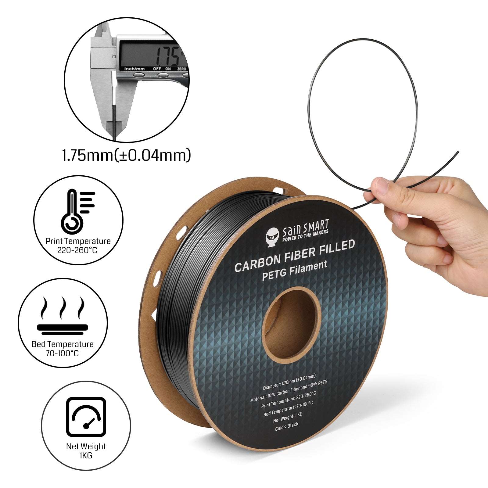Black, Bronze Carbon Fiber PETG Filament, 1.75mm, Accuracy +/-0.04mm 1KG (2.2lbs)
