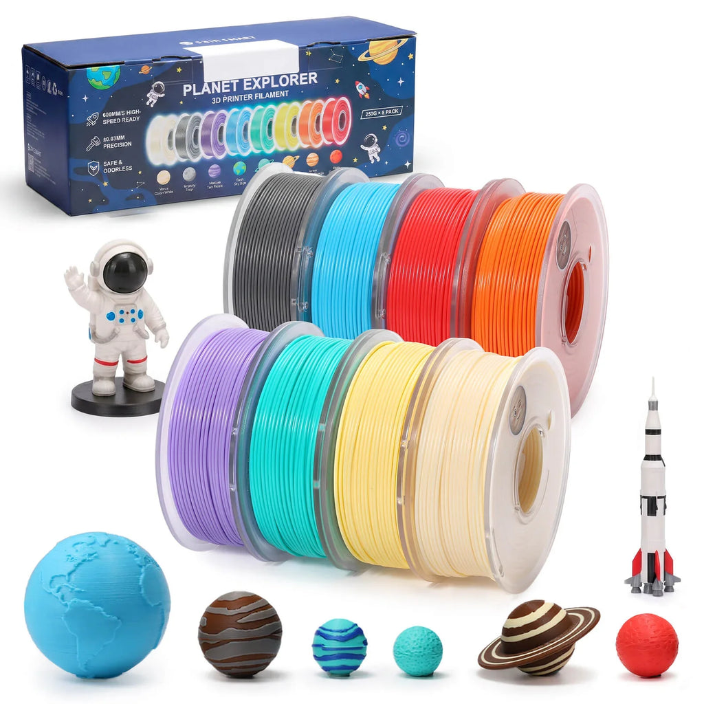 PLA Filament 1.75mm, Planet Explorer 8-Color Mini Spool Bundle, 250g Each, High-Speed PLA, +/-0.02mm Accuracy, Easy-to-Print, Compatible with Most FDM 3D Printers