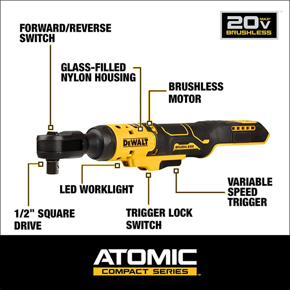 DEWALT ATOMIC COMPACT SERIES™ 20V MAX* Brushless 1/2 in. Ratchet