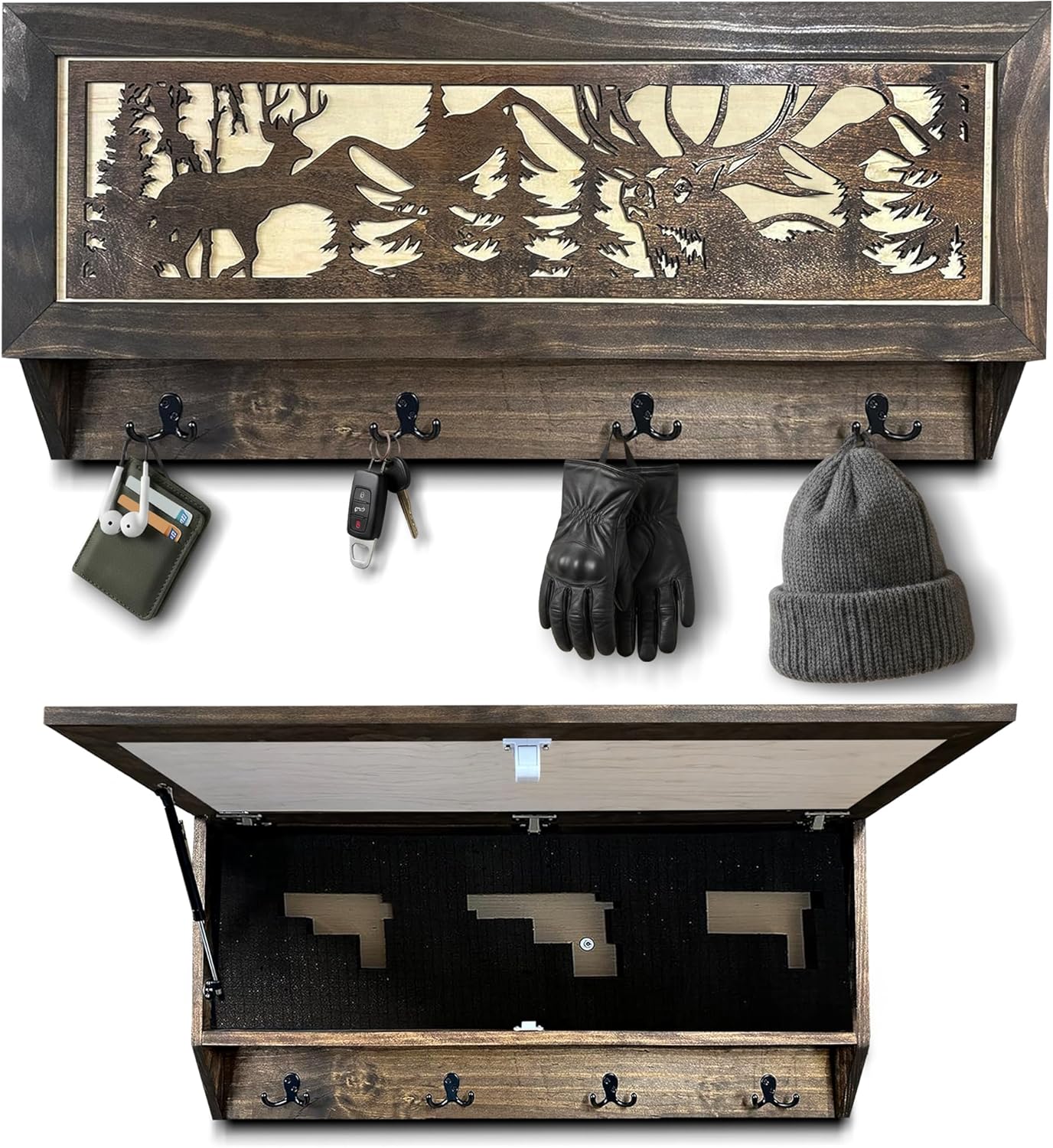 Deer Hunter Hidden Gun Storage - Concealment Shelf with Hooks Magnetic Lock
