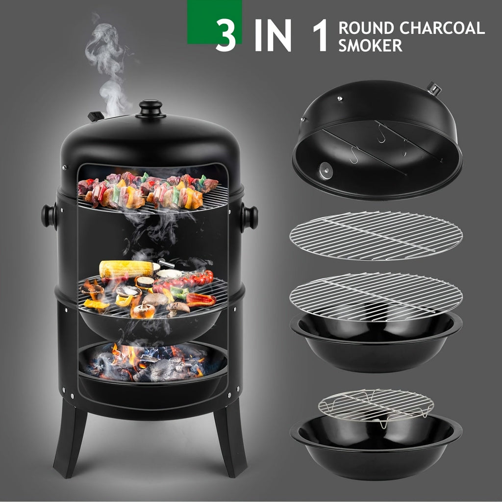 3-in-1 Charcoal Smoker Grill BBQ Fire Pit Portable Camping Grill