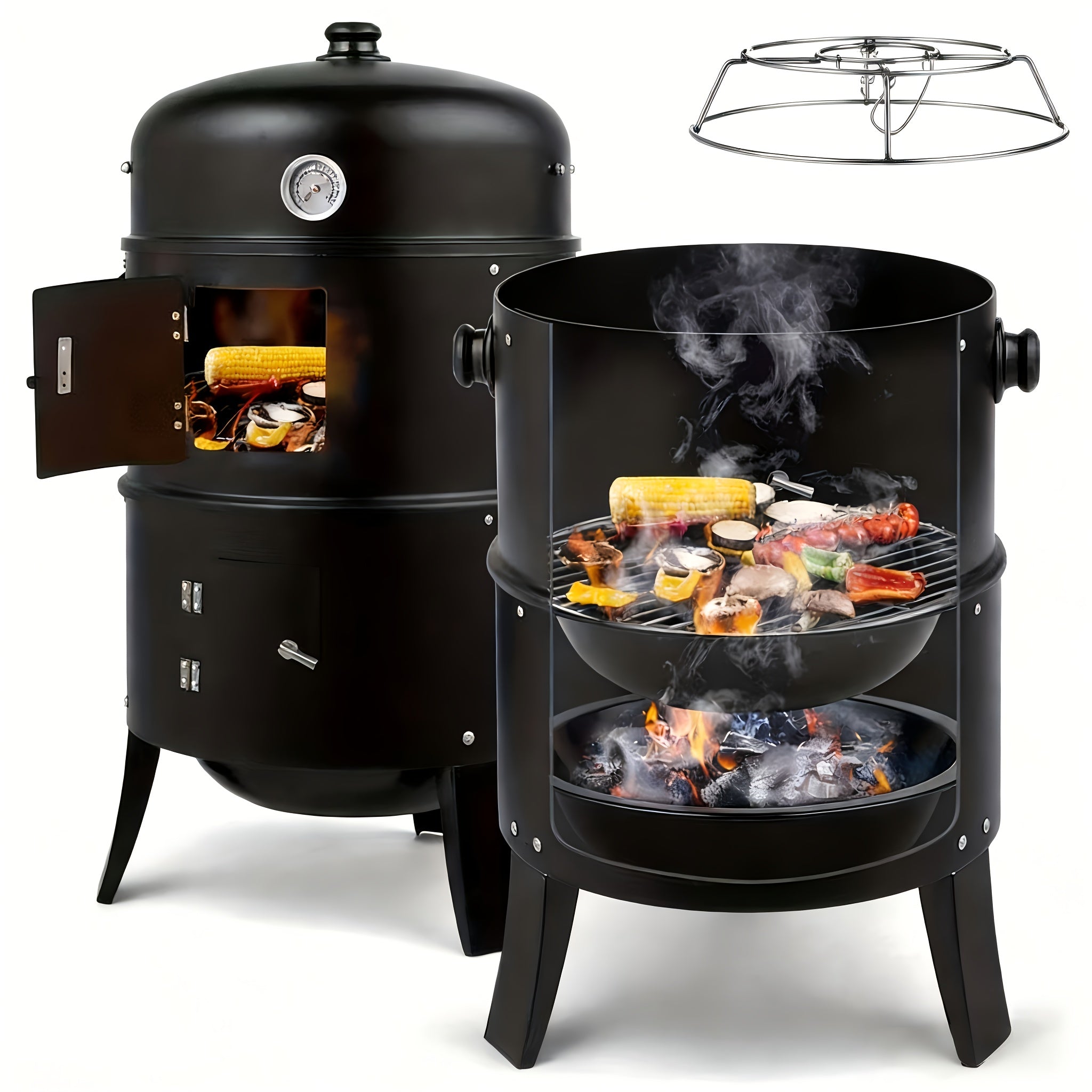 3-in-1 Charcoal Smoker Grill BBQ Fire Pit Portable Camping Grill
