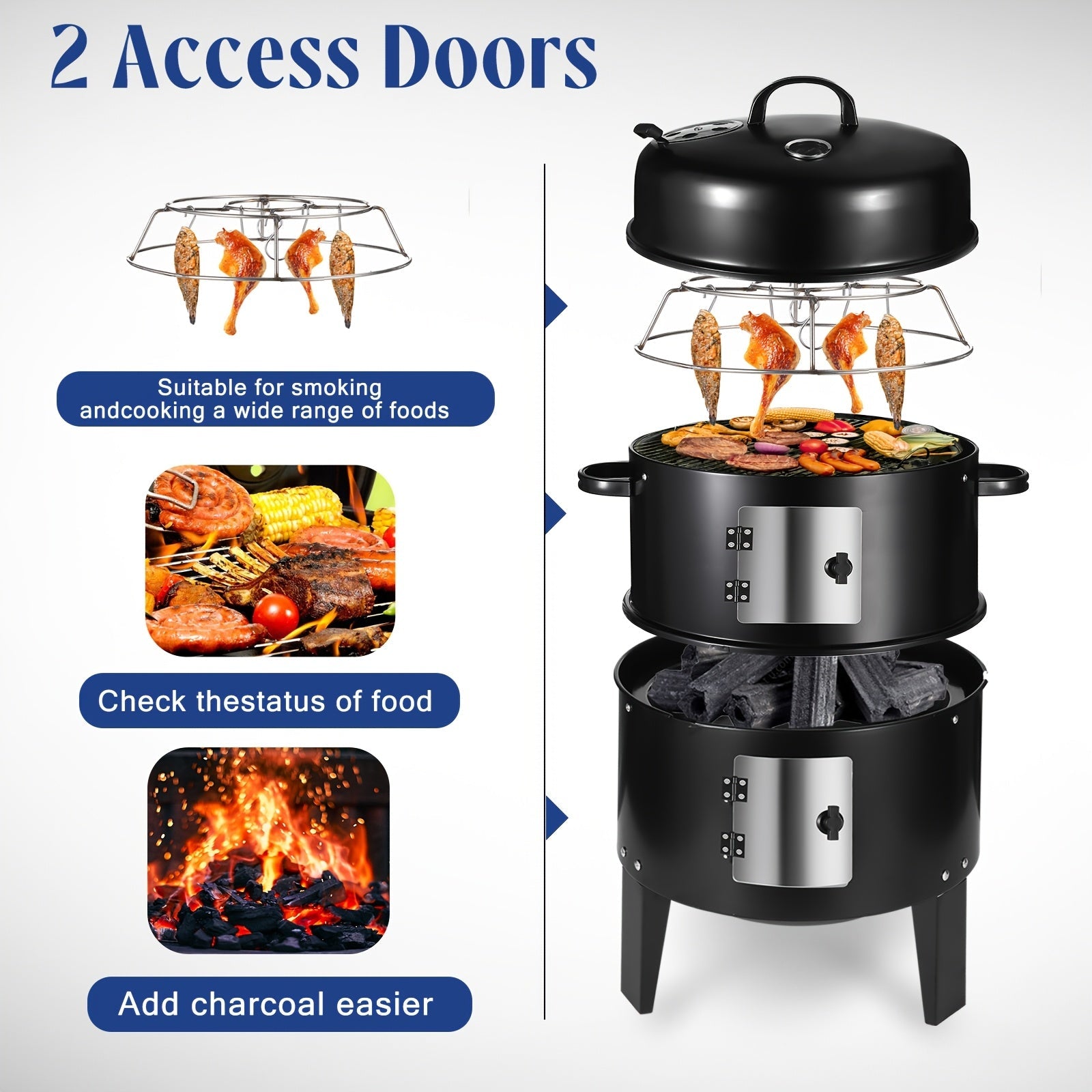 3-in-1 Charcoal Smoker Grill BBQ Fire Pit Portable Camping Grill