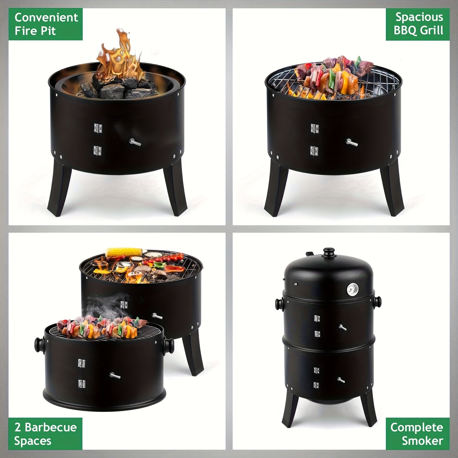 3-in-1 Charcoal Smoker Grill BBQ Fire Pit Portable Camping Grill