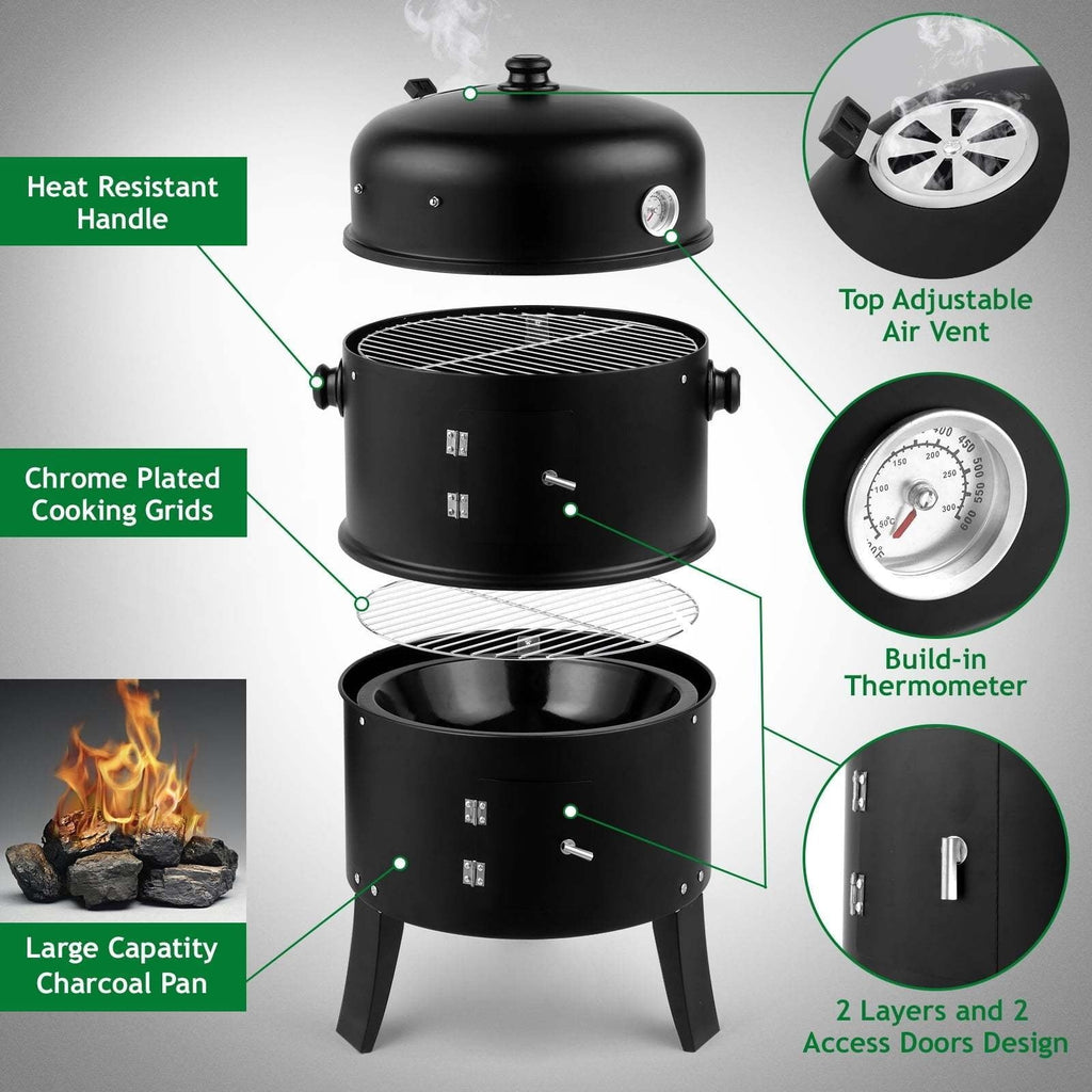 3-in-1 Charcoal Smoker Grill BBQ Fire Pit Portable Camping Grill