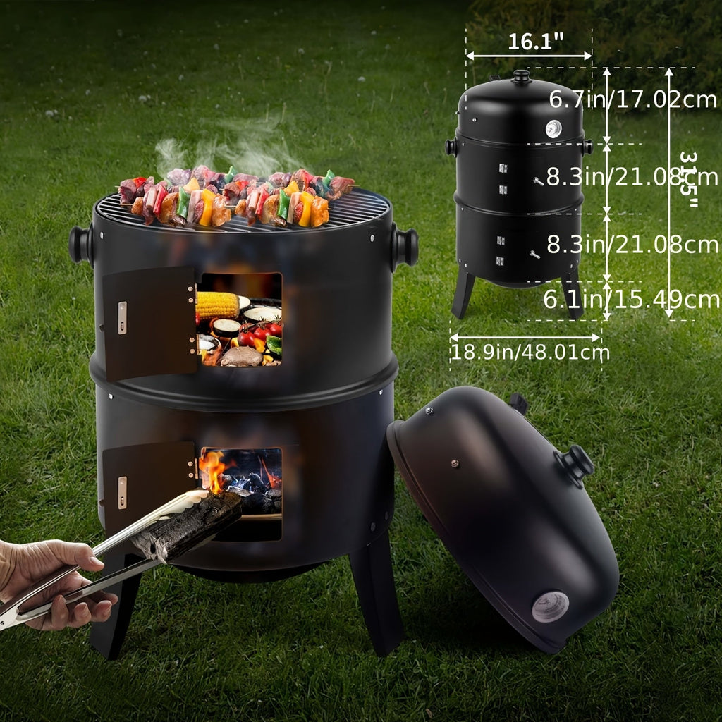 3-in-1 Charcoal Smoker Grill BBQ Fire Pit Portable Camping Grill
