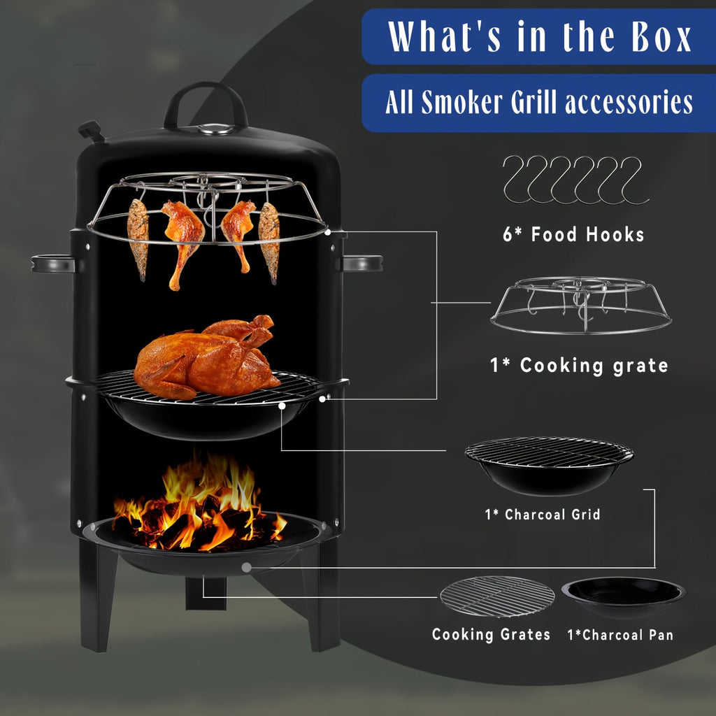 3-in-1 Charcoal Smoker Grill BBQ Fire Pit Portable Camping Grill