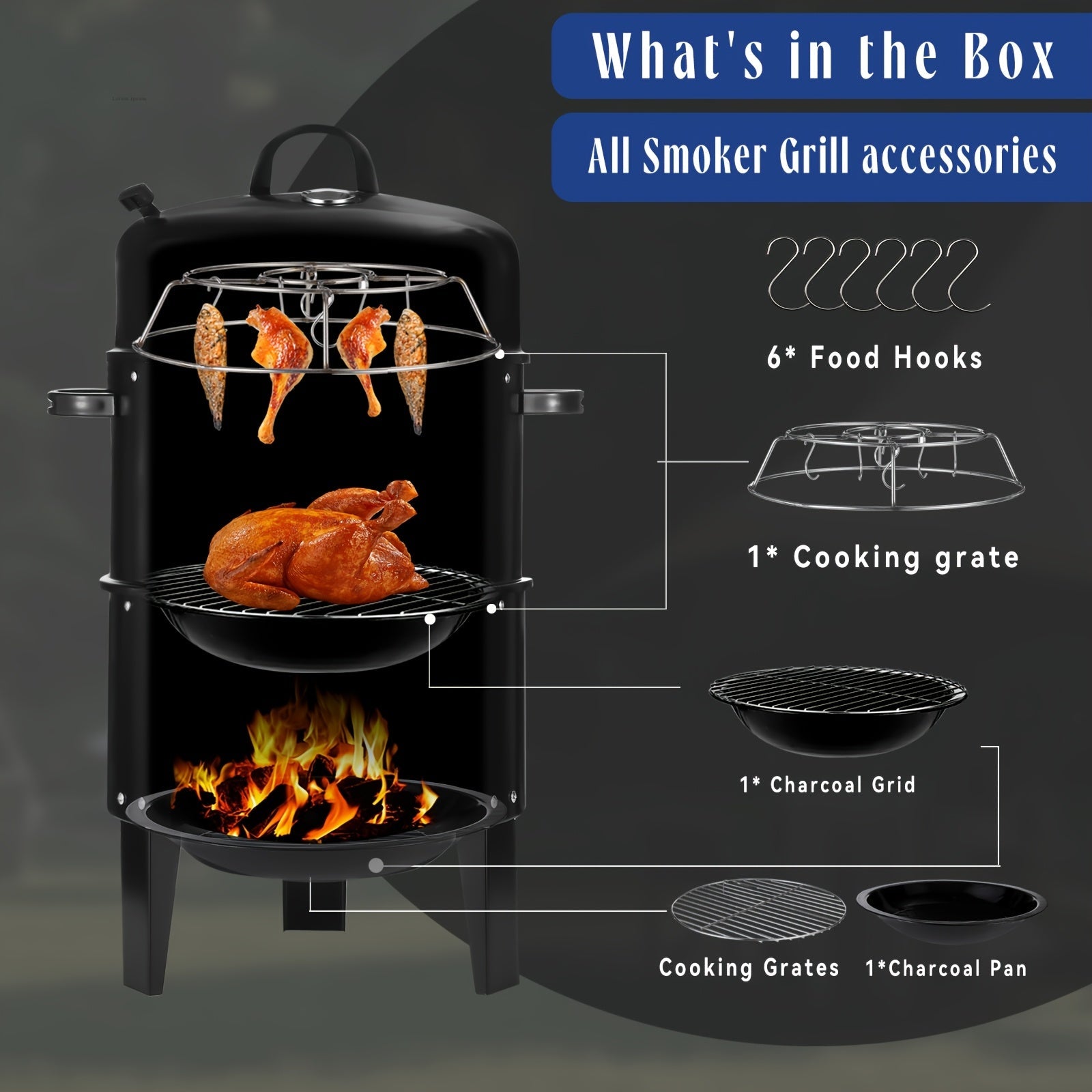 3-in-1 Charcoal Smoker Grill BBQ Fire Pit Portable Camping Grill