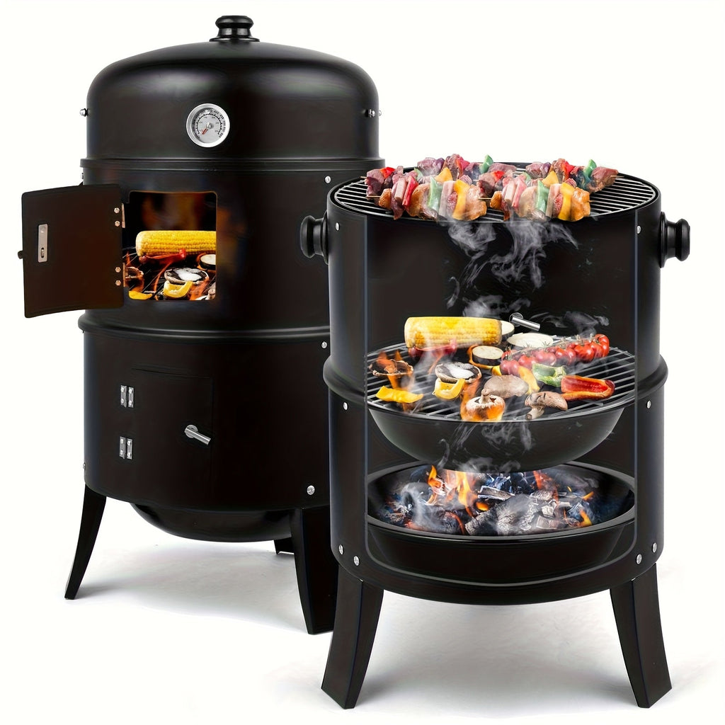3-in-1 Charcoal Smoker Grill BBQ Fire Pit Portable Camping Grill