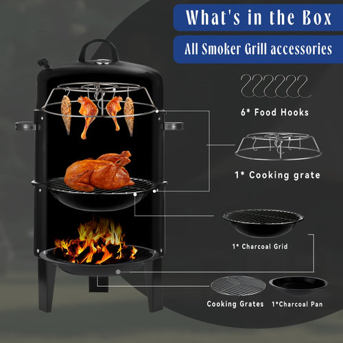 3-in-1 Charcoal Smoker Grill BBQ Fire Pit Portable Camping Grill