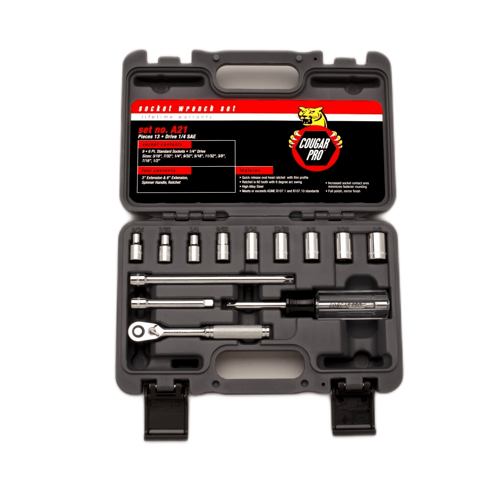 Cougar Pro Socket Wrench Set 1/4" Drive SAE 13 Pieces A21