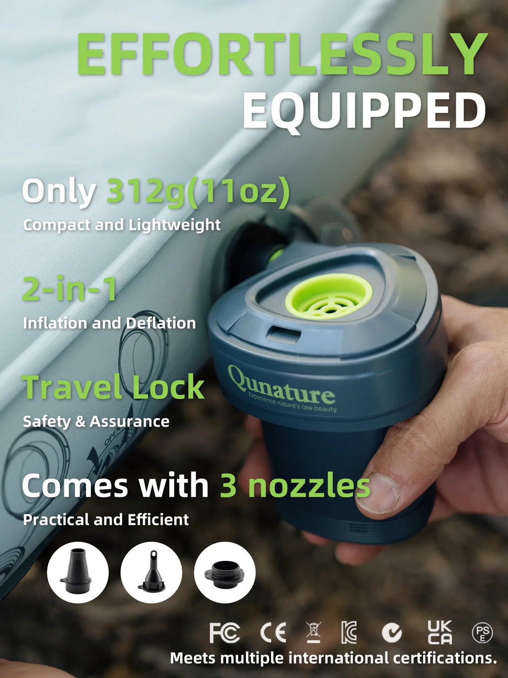 5KPa Rechargeable Electric Air Pump with 3 Nozzles & Type-C Cable