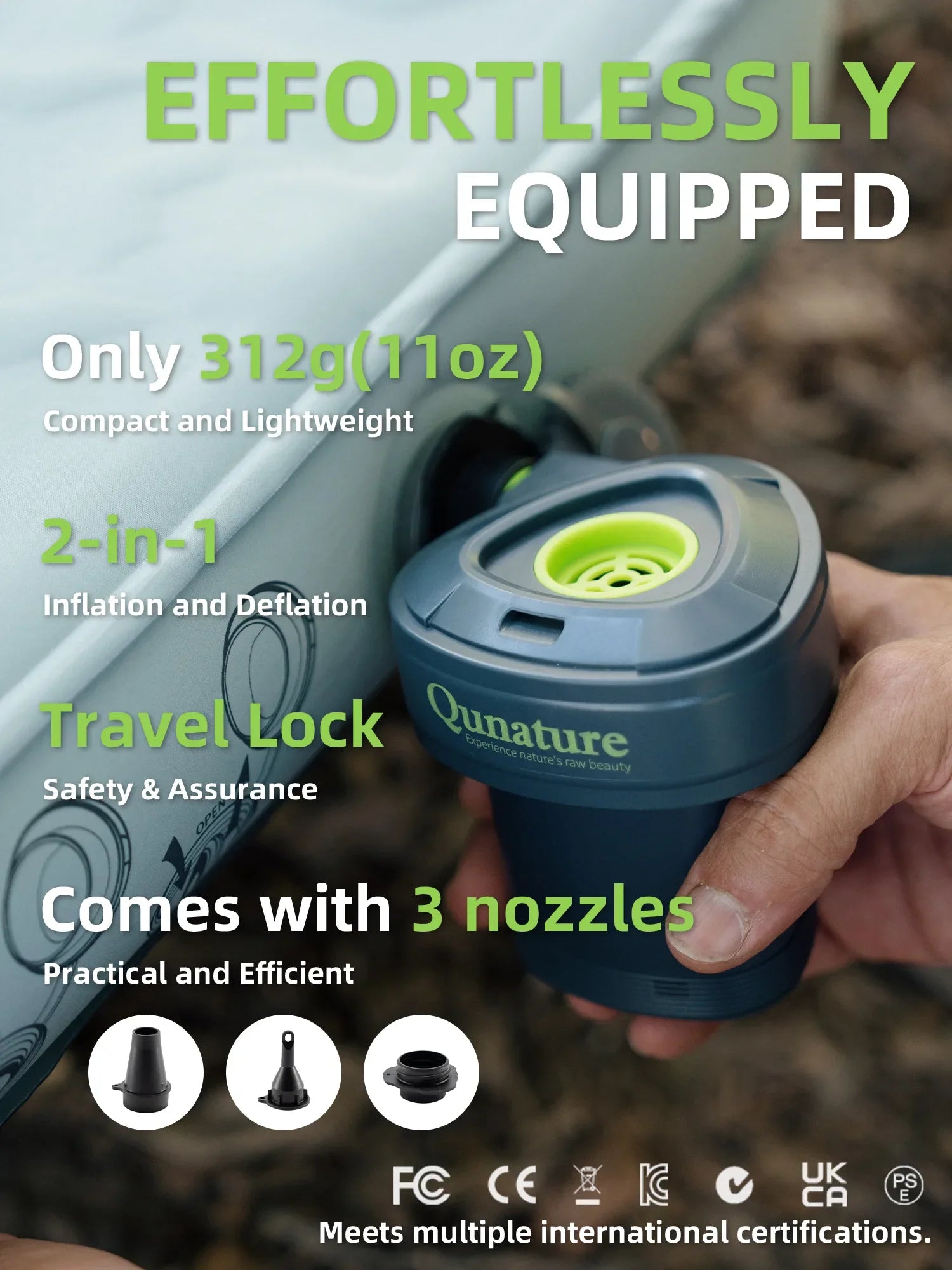 5KPa Rechargeable Electric Air Pump with 3 Nozzles & Type-C Cable